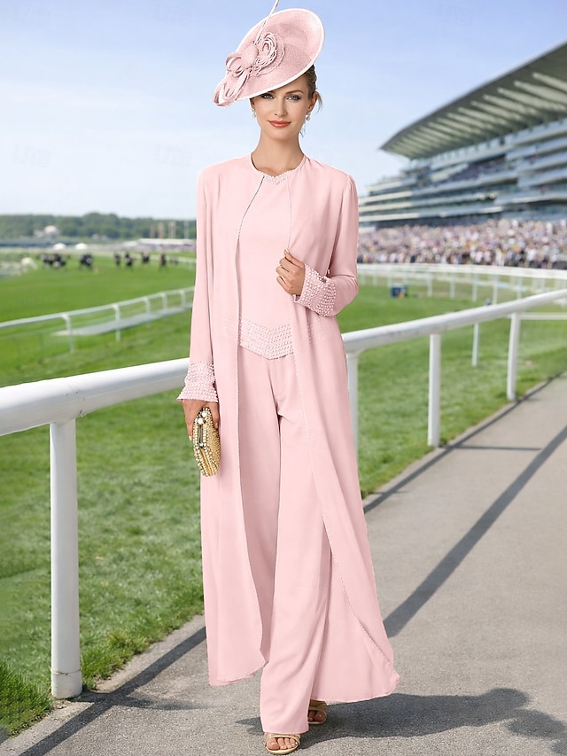 3 piece jumpsuit pantsuit mother of the bride dresses floor length chiffon with beading long sleeve, supplier image 18