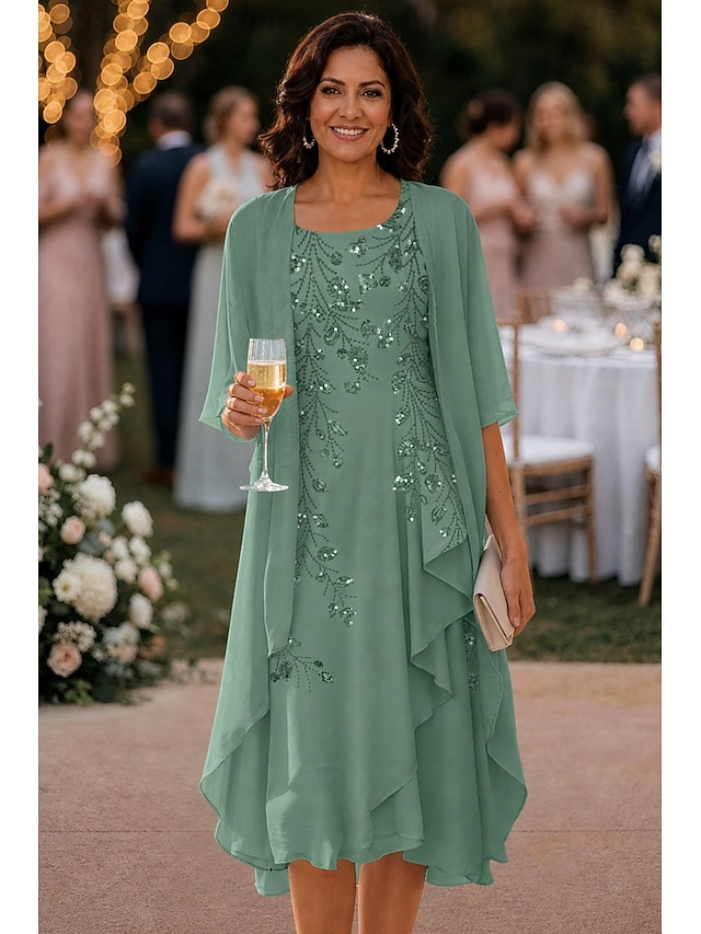 two piece a-line knee length mother of the bride dresses 3/4 length sleeve scoop neck elegant simple chiffon, supplier image 4