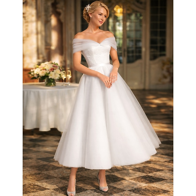 tea-length little white dress wedding dress off-the-shoulder short sleeves lace tulle, supplier image 2