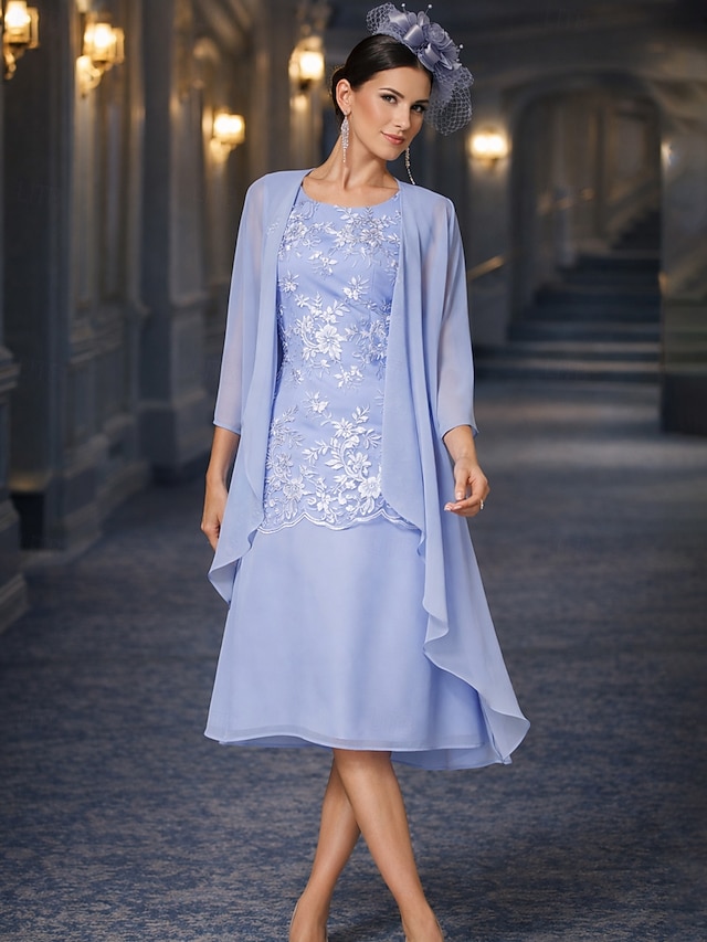 two piece sheath column tea length mother of the bride dresses wedding guest dresses sleeveless jewel neck elegant chiffon lace with appliques, supplier image 1