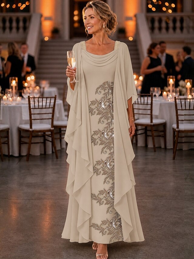 a-line mother of the bride dresses ankle length chiffon with beading half sleeve scoop neck elegant, supplier image 2