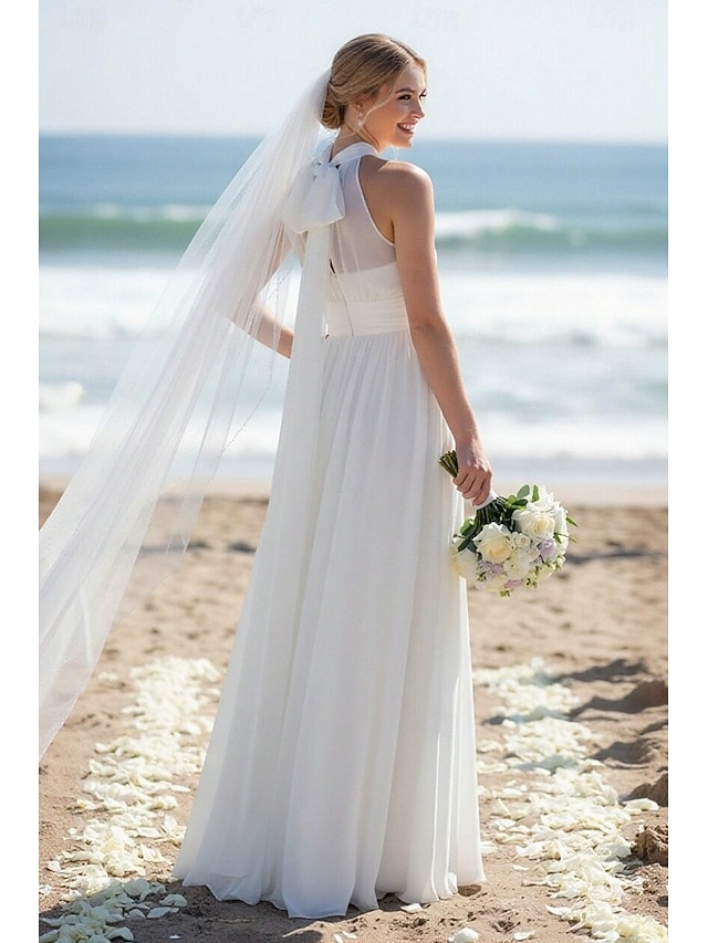 a-line floor-length little white dress wedding dress high neck sleeveless, supplier image 2