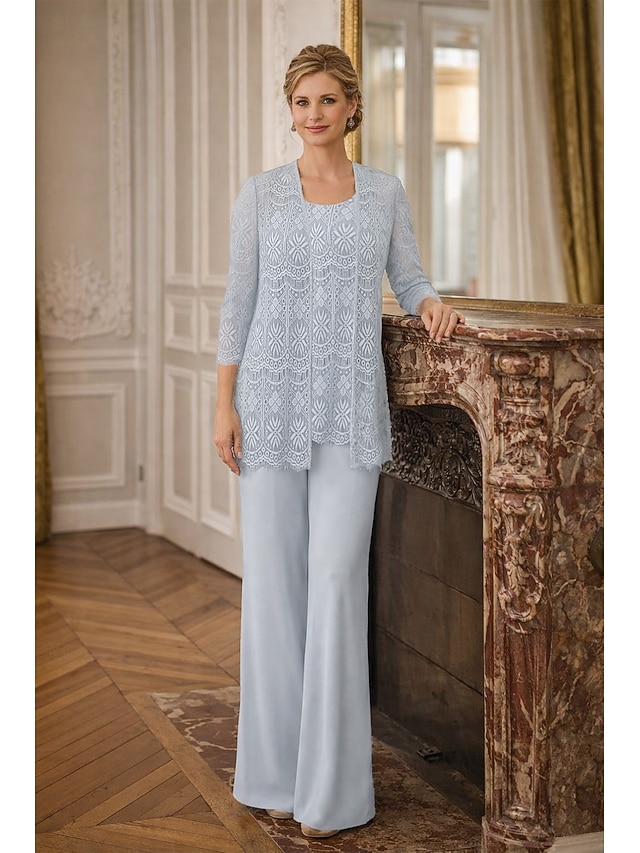 3 piece jumpsuit pantsuit floor-length mother of the bride dress wedding guest dress formal dress jewel neck sleeveless chiffon lace elegant, supplier image 13