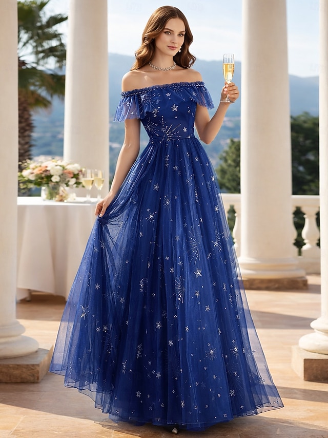 a-line floor-length wedding guest dress prom dress off-the-shoulder short sleeves tulle elegant, supplier image 1