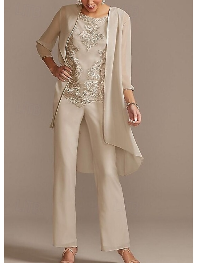 jumpsuit pantsuit mother of the bride dresses floor length chiffon lace with beading jewel neck, supplier image 4