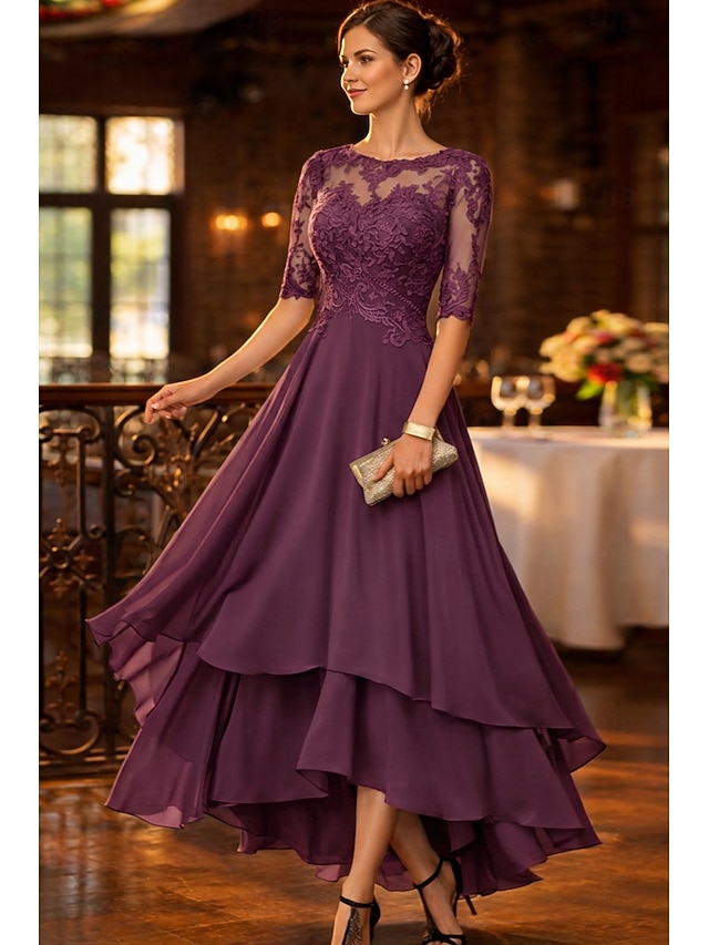 a-line asymmetrical mother of the bride dresses wedding guest dresses cocktail dresses party dresses half sleeve crew neck elegant simple lace, supplier image 12