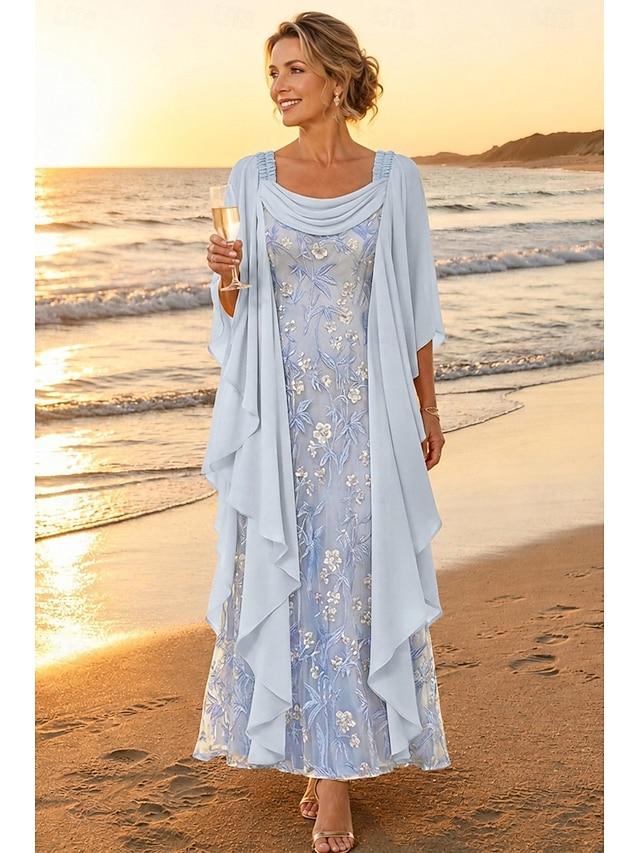 a-line ankle length mother of the bride dresses long sleeve scoop neck elegant vintage chiffon lace with ruffles, supplier image 1