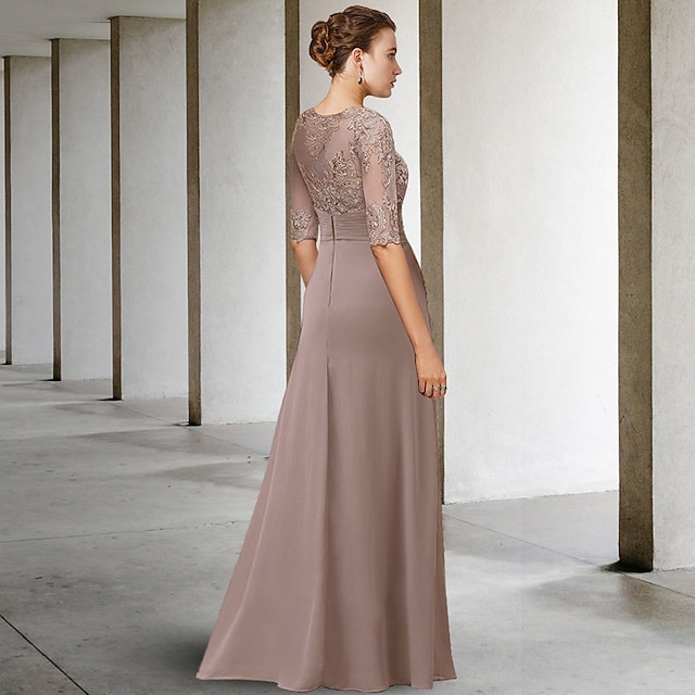 sheath column floor-length mother of the bride dress wedding guest dress evening gown jewel neck short sleeves chiffon lace elegant, supplier image 8