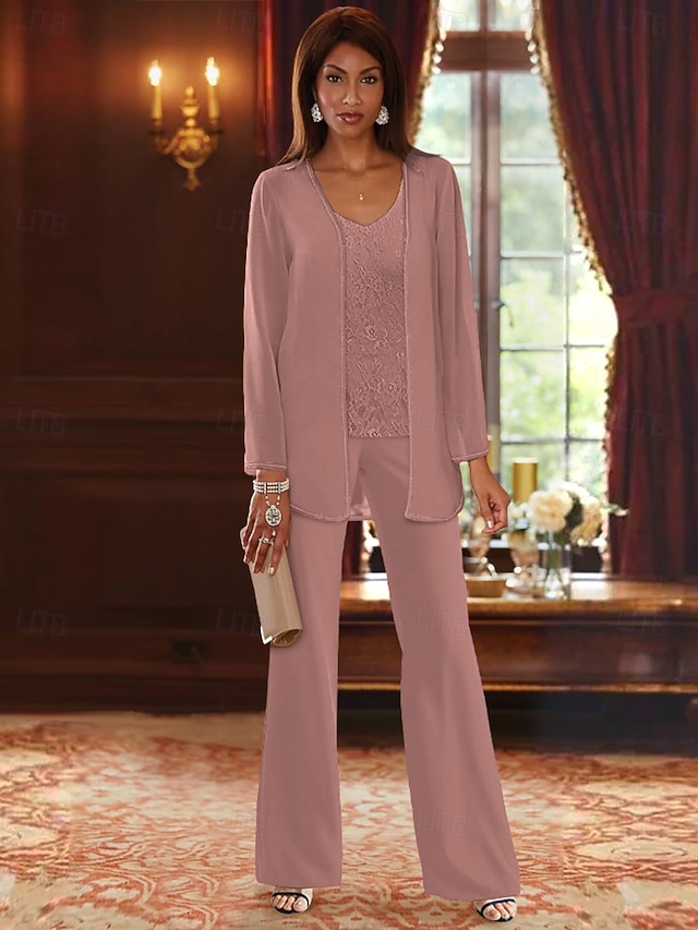 3 piece jumpsuit pantsuit mother of the bride dresses floor length chiffon lace with appliques, supplier image 13