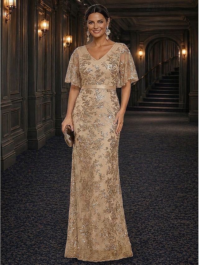 sheath column mother of the bride dresses floor length lace with sequin short sleeve v neck elegant, supplier image 1