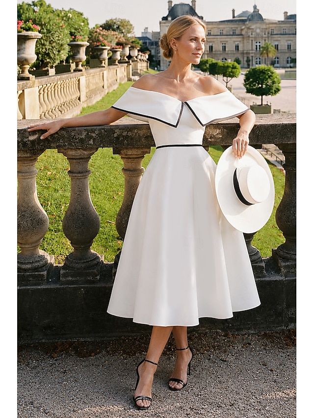 a-line tea-length little white dress wedding dress off-the-shoulder short sleeves stretch fabric, supplier image 1