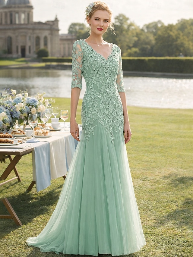 a-line sweep train mother of the bride dress wedding guest dress evening gown v-neck half sleeves lace tulle elegant, supplier image 1