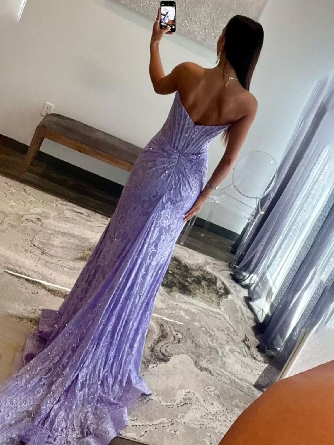 Mermaid/Trumpet Strapless Long Lace Prom Dress Beaded With Split