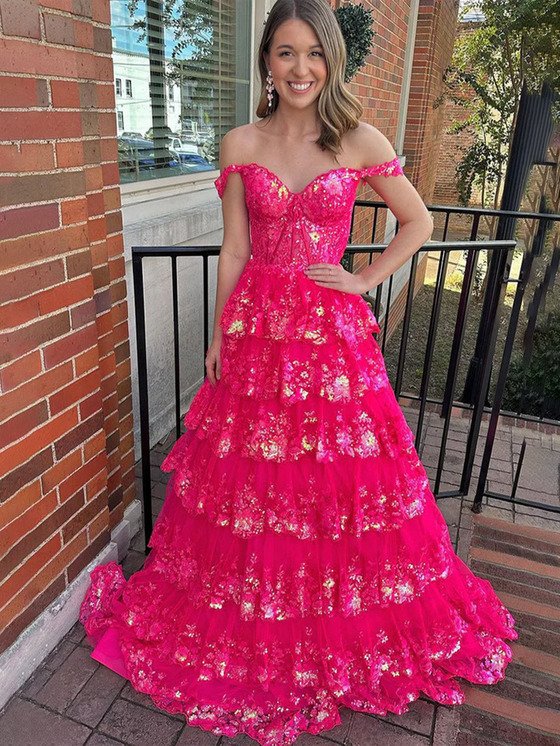 A-line Off the Shoulder Sequined Lace Multi-Tiered Ruffles Prom Dress