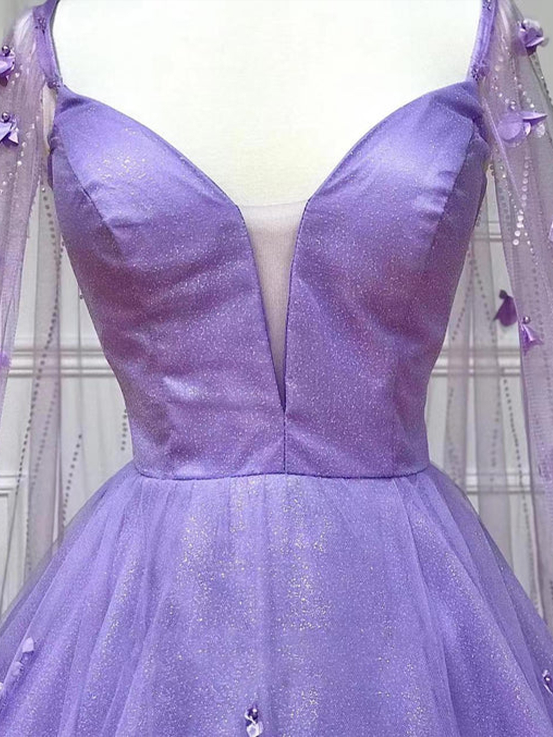 A-Line Tulle and 3D Floral Lace  with Cape Sleeves Prom Dress