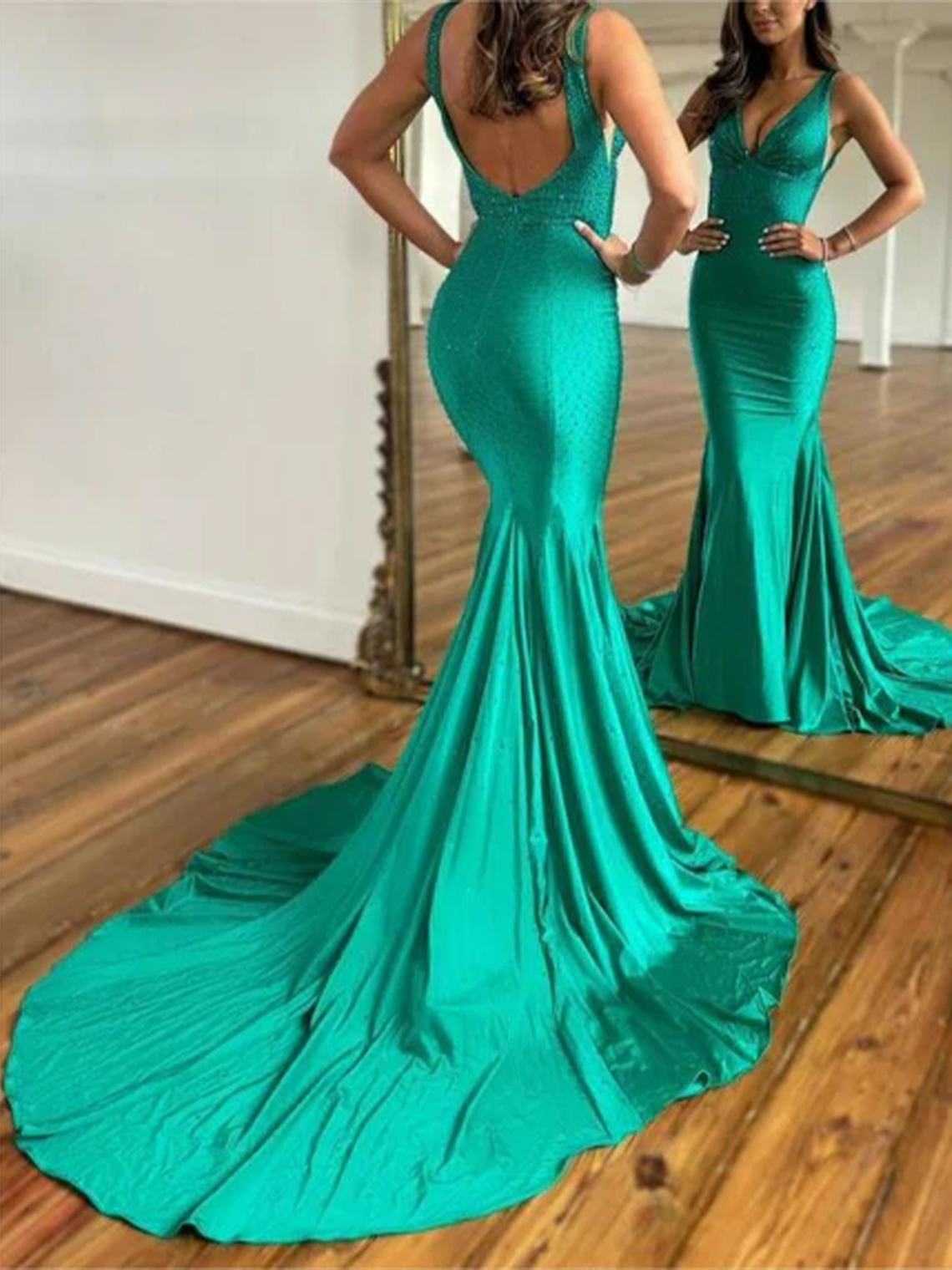 Mermaid Satin Deep V-Neck Floor length Beaded Long Prom Dress