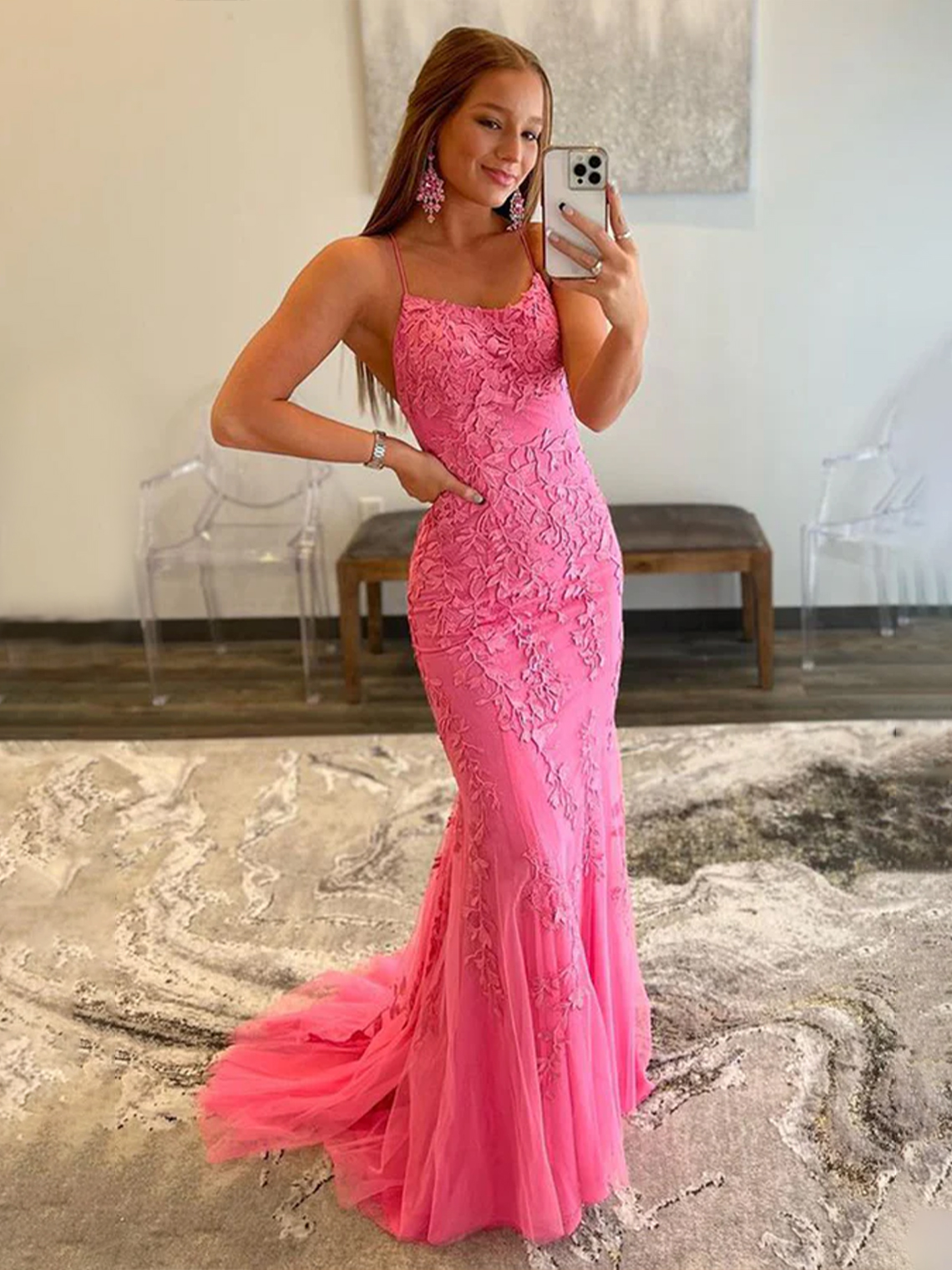 Mermaid Spaghetti Straps Lace Tulle with Appliques Prom Dress