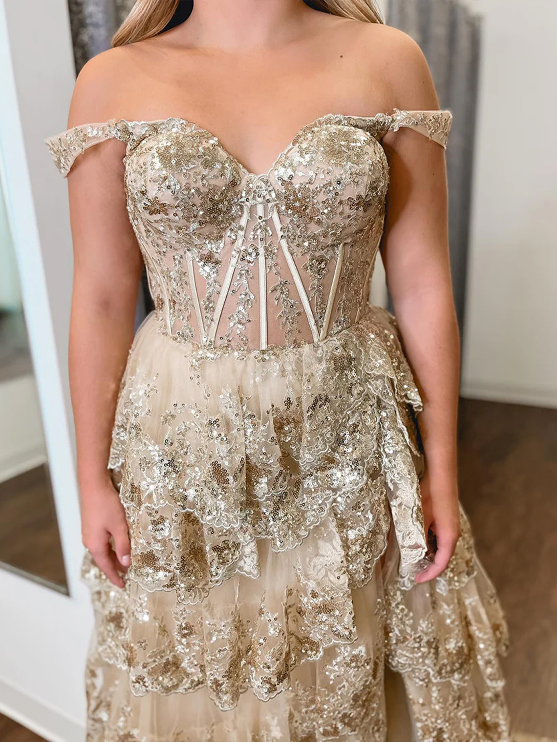 A Line Off the Shoulder with Appliques Long Prom Dress