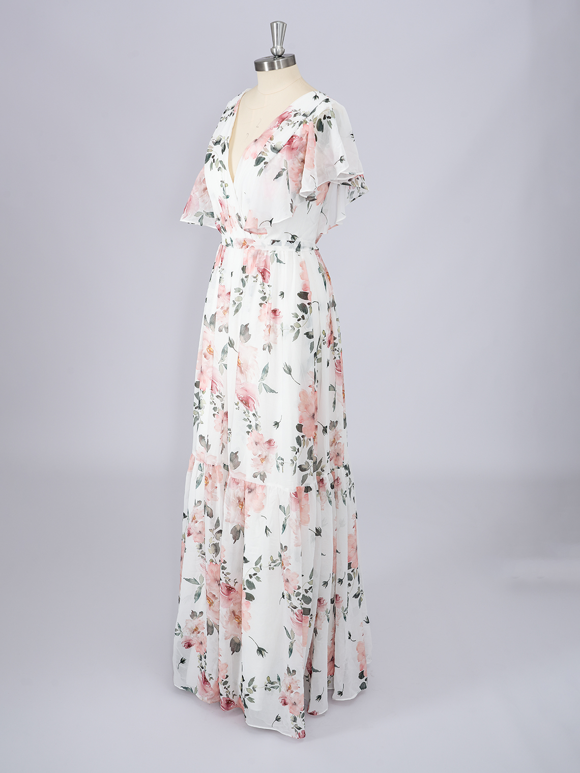 A-Line Pink V Neck Color Dress with floral patterns Evening Dress
