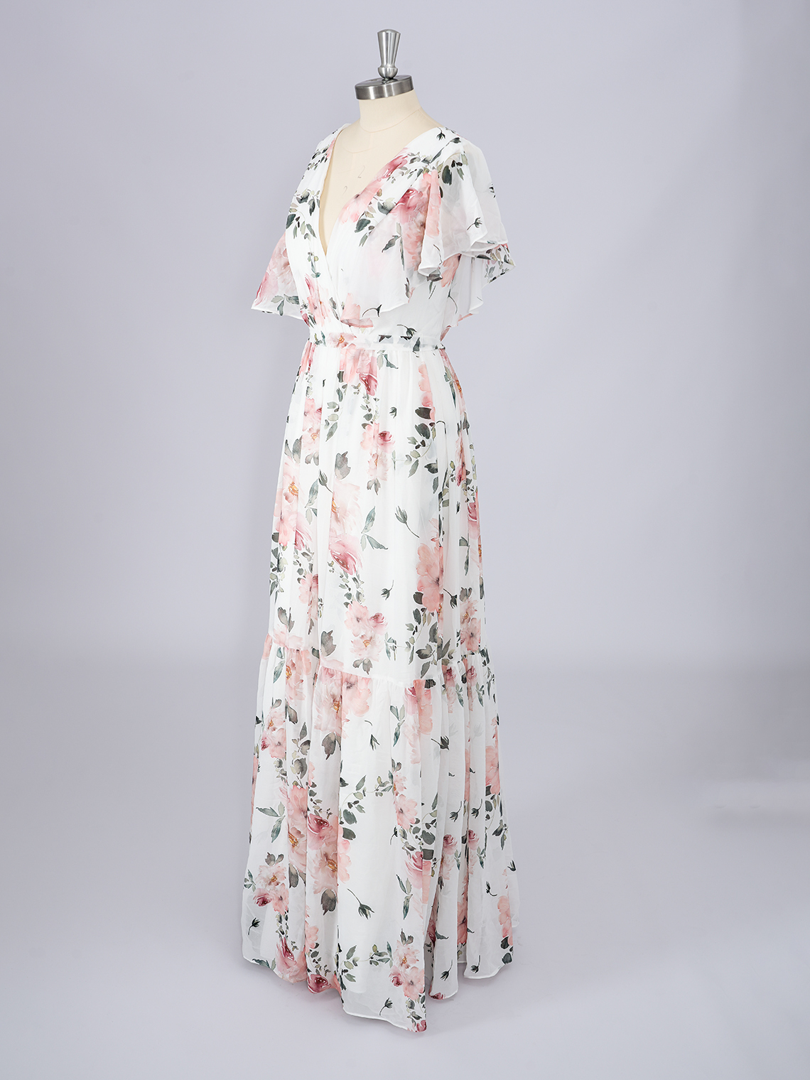 A-Line Pink V Neck Color Dress with floral patterns Evening Dress