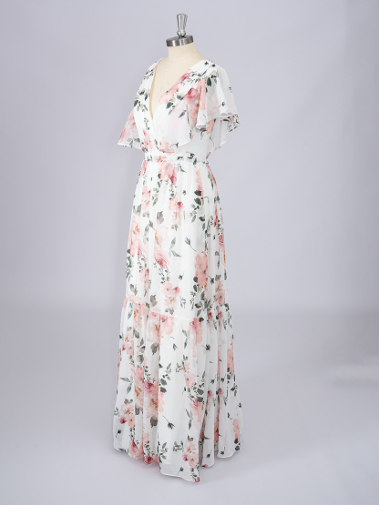 Dress A-Line Pink V Neck Color Dress with floral patterns Evening Dress