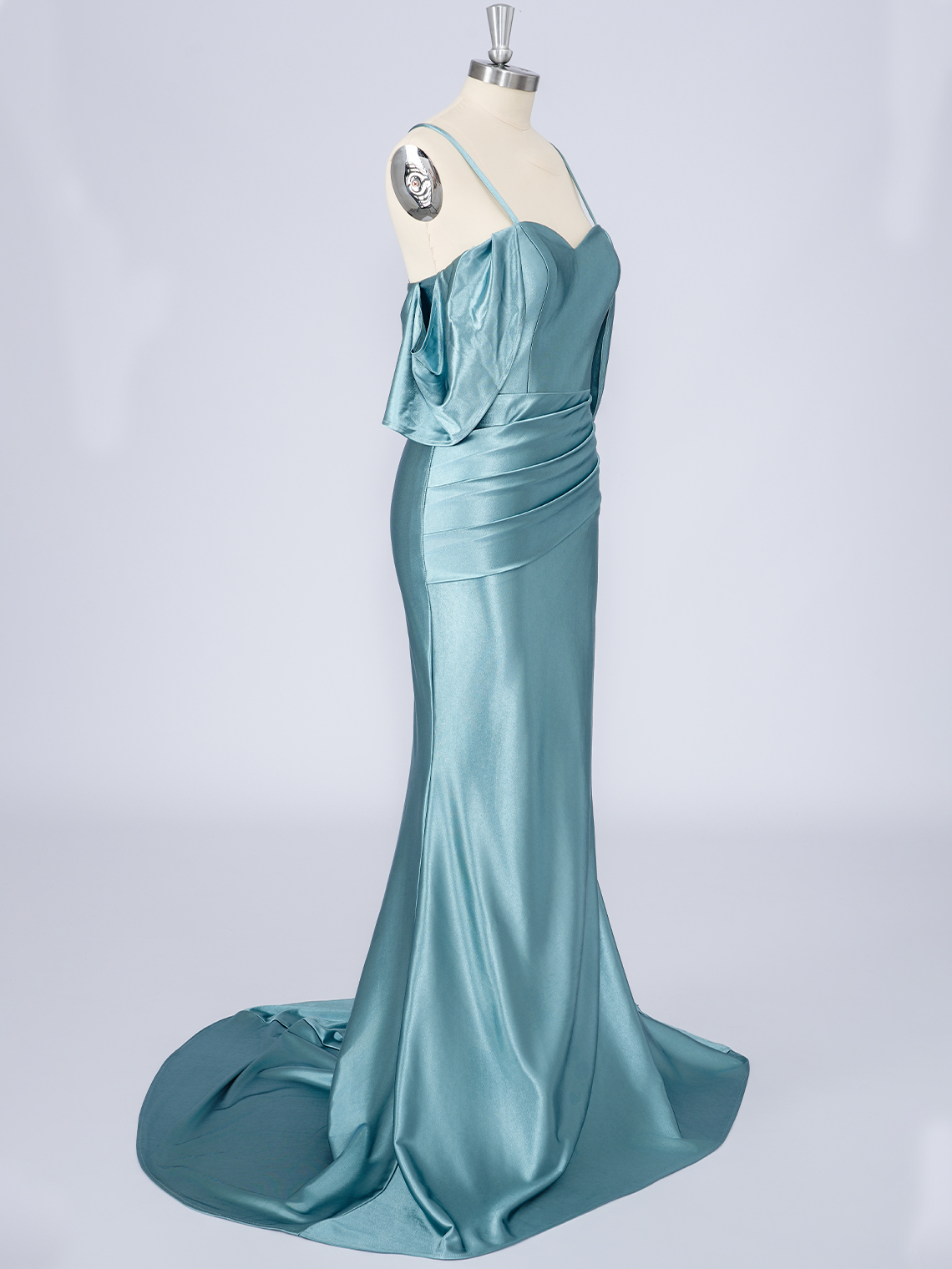 Dusty Blue Mermaid Satin Spaghetti Solid Color With Pleats Prom Dress