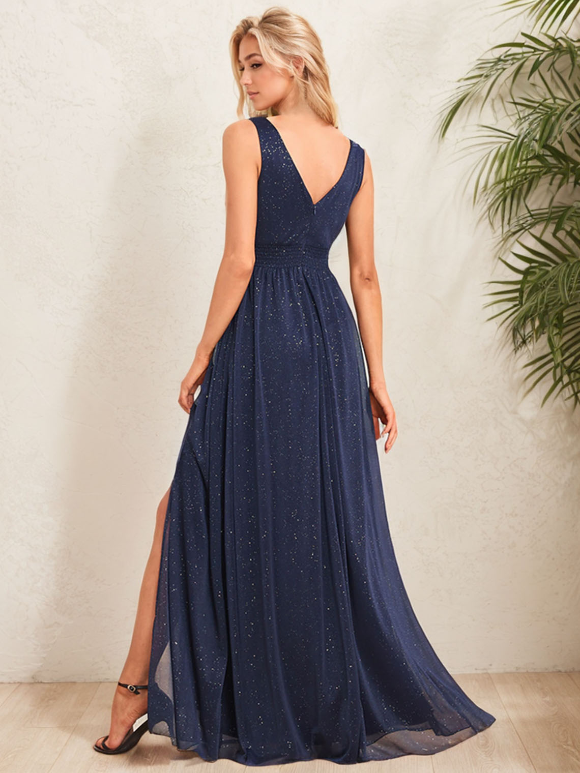 A Line V Neck Sleeveless Floor Length with Glitter Slit Prom Dress 