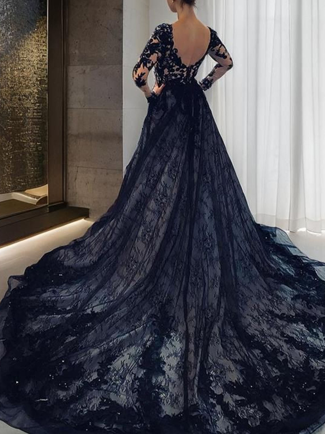 A Line Black Lace V Neck Court Train  With Appliques Wedding Dresses