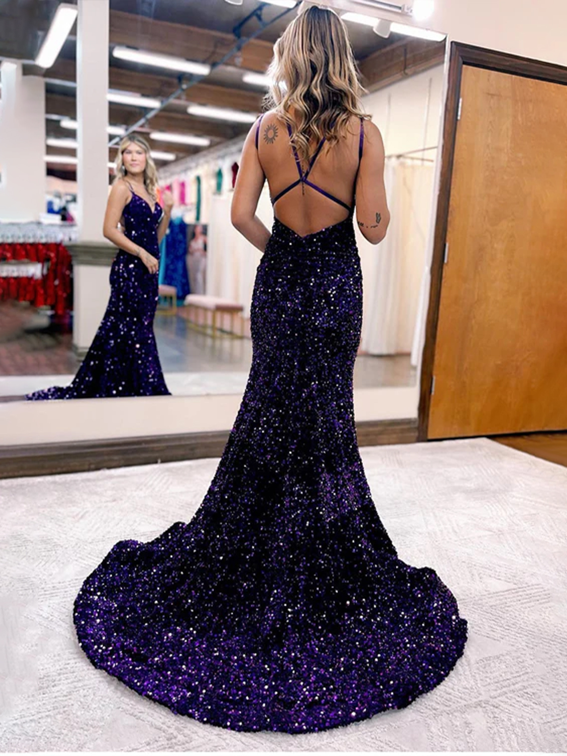 Sparkly Mermaid Sequins V Neck Sleeveless Long Backless Prom Dress