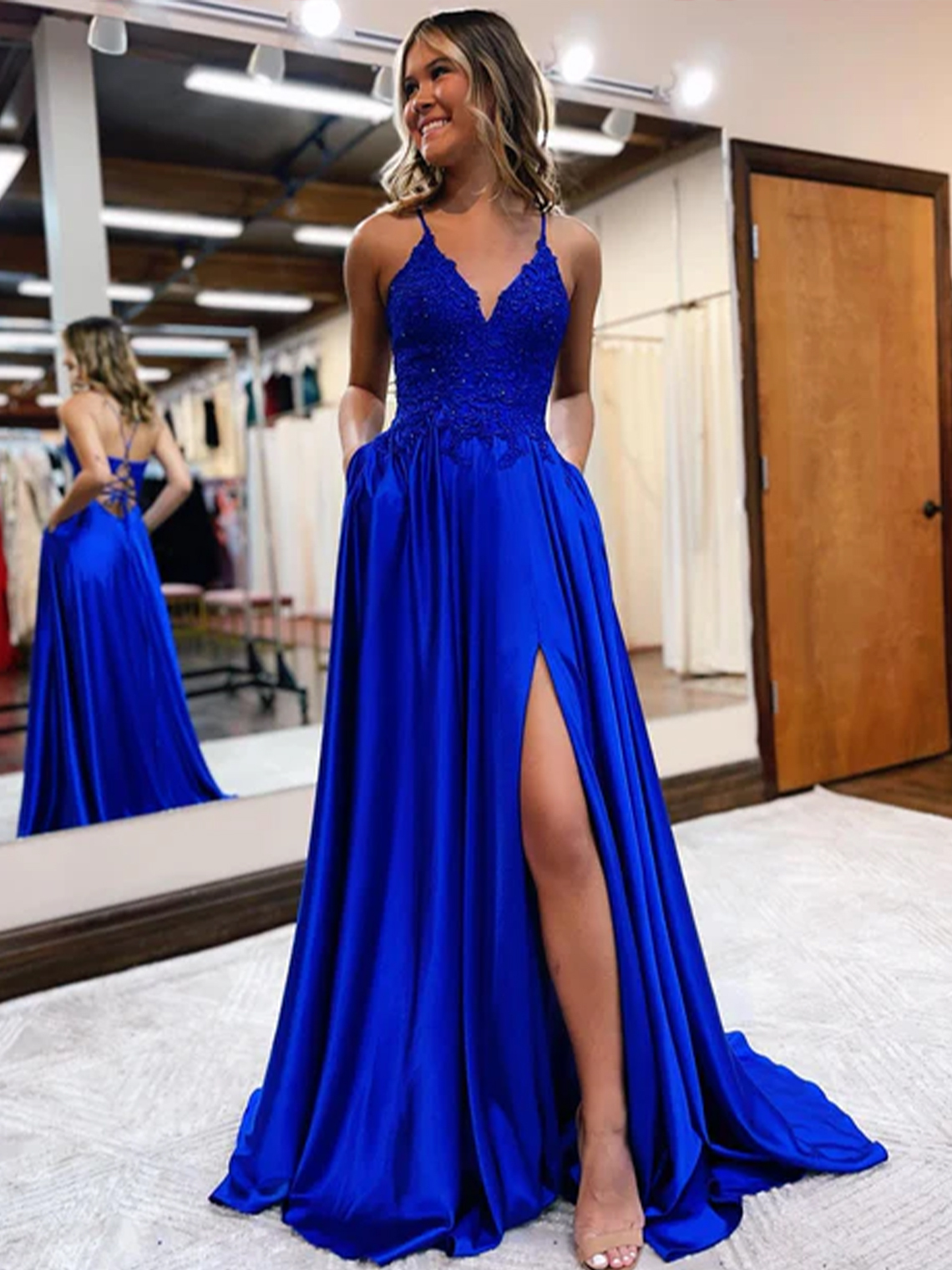 A-line Sexy V Neck Spaghetti Straps Satin With Split Prom Dress 