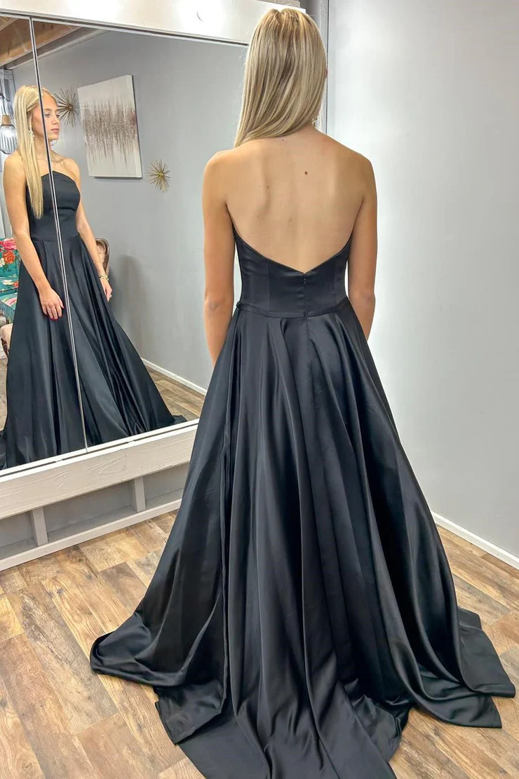 Black A-Line&Princess Sweep/Brush Train Strapless Long Prom Dress Evening Dress