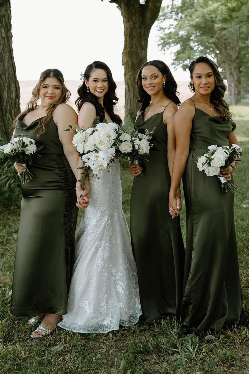 Hunter Green Silk Satin Cowl Neck Bridesmaid Dresses, product image 3