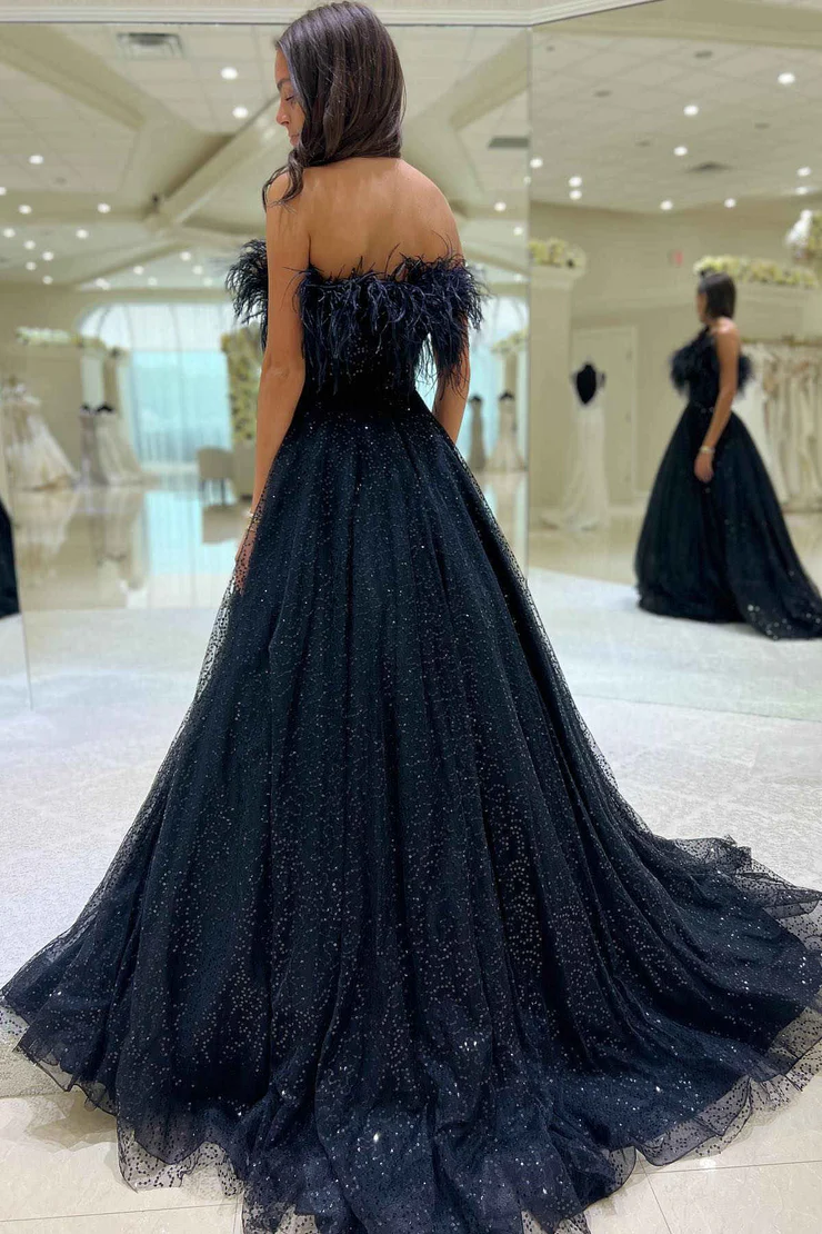 A-Line&Princess Strapless Feathers Sequin sleeveless Prom Gown Evening Dress