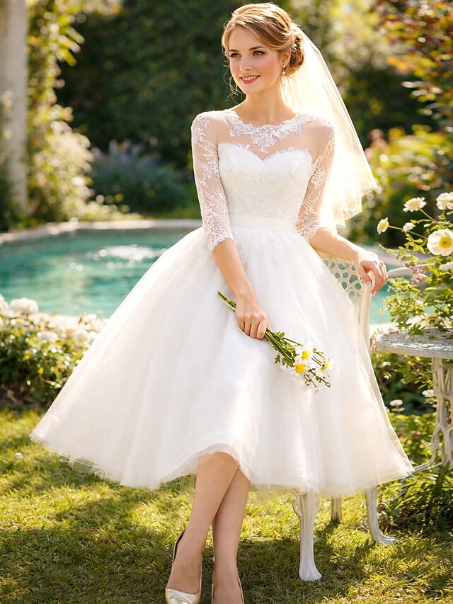 a-line tea-length little white dress wedding dress illusion neck 3/4 sleeves lace tulle, supplier image 2