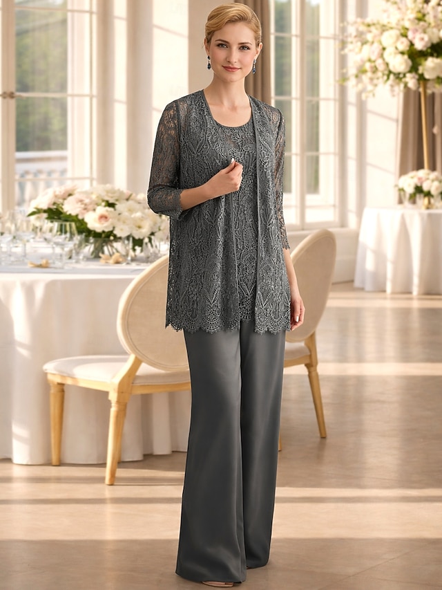 3 piece jumpsuit pantsuit floor-length mother of the bride dress wedding guest dress formal dress jewel neck sleeveless chiffon lace elegant, supplier image 6
