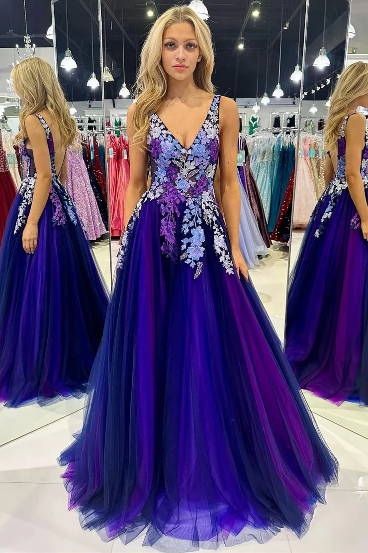 A-Line&Princess V-Neck Tulle Appliques Floor-Length Open Back Long Prom Dress Evening Dress