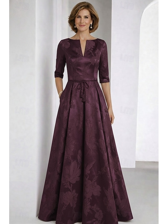 a-line floor length mother of the bride dresses wedding guest dresses formal dresses half sleeve v neck elegant vintage jacquard with bow(s), supplier image 11