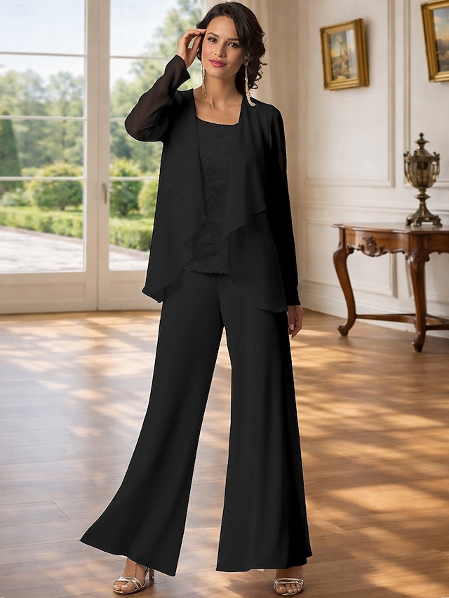 3 piece jumpsuit pantsuit jumpsuit pantsuit floor length mother of the bride dresses sleeveless bateau neck elegant plus size chiffon lace, supplier image 27