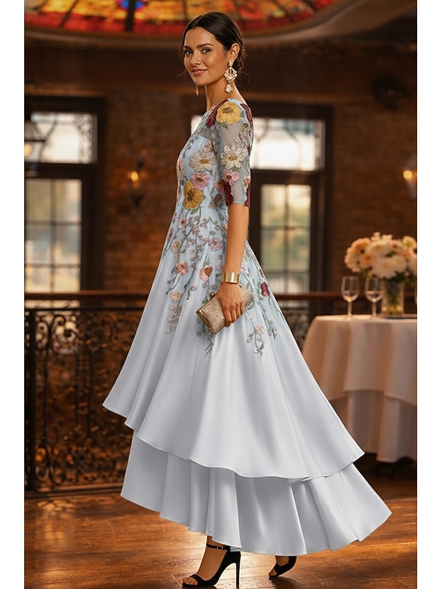 a-line mother of the bride dresses floor length asymmetrical satin lace half sleeve elegant vintage, supplier image 2