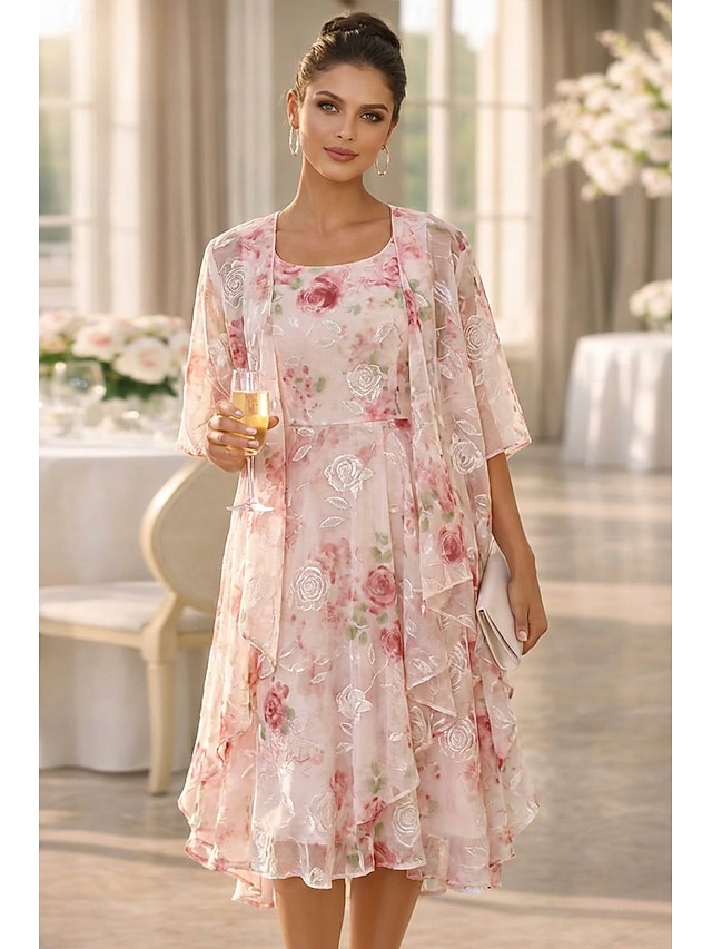 two piece a-line mother of the bride dresses wedding guest dresses knee length chiffon half sleeve, supplier image 1