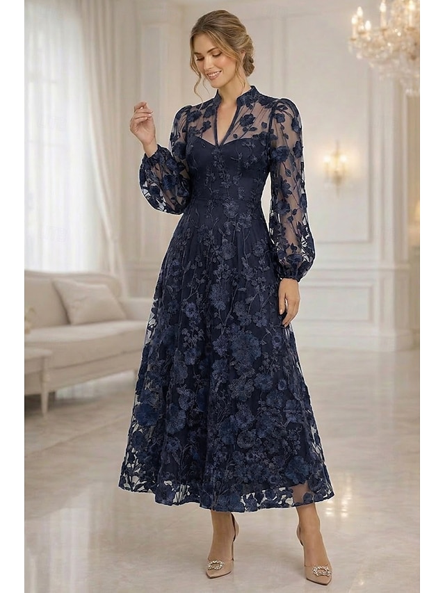 a-line mother of the bride dresses ankle length lace tulle with 3d flowers long sleeve v neck, supplier image 18