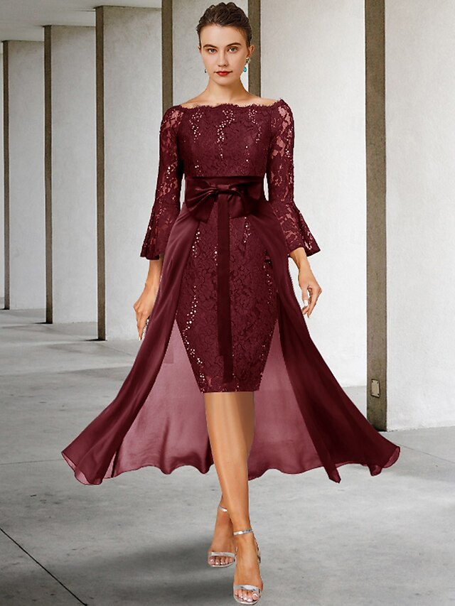 two piece sheath column knee-length mother of the bride dress wedding guest dress formal dress off-the-shoulder 3/4 sleeves chiffon lace elegant, supplier image 10
