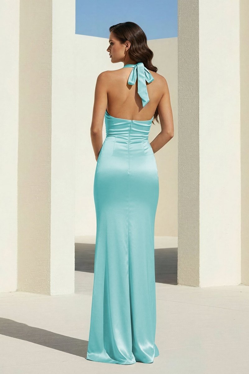 Sky Blue Halter Satin Mermaid Open Back Long Formal Prom Dresses, product image 11