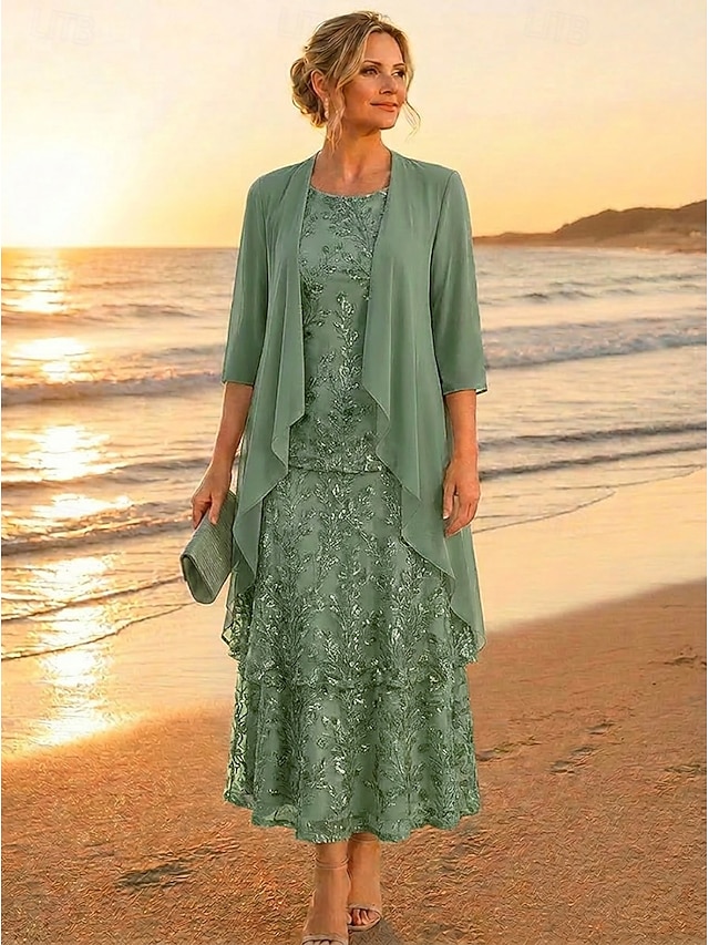 two piece a-line mother of the bride dresses ankle length tea length chiffon lace with beading, supplier image 7