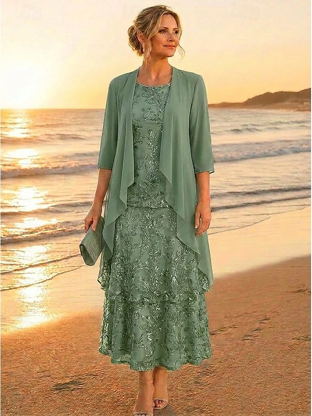 two piece a-line mother of the bride dresses ankle length tea length chiffon lace with beading, supplier image 7