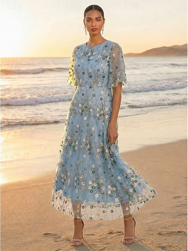 a-line mother of the bride dresses ankle length chiffon satin tulle with pleats half sleeve elegant in Sky Blue, US8