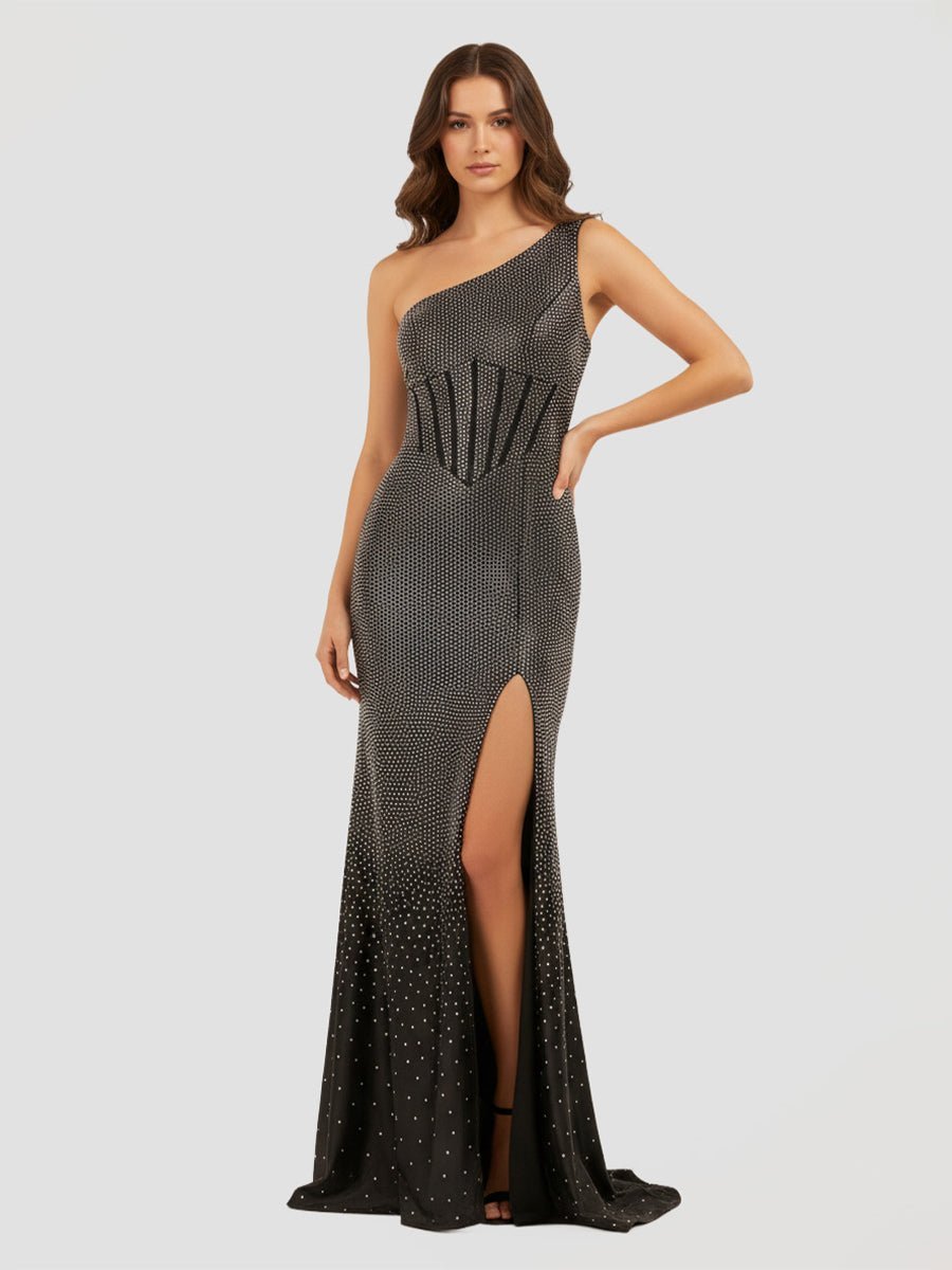Black One Shoulder Sheath Beaded Prom Dresses With Split Evening Dresses, product image 1
