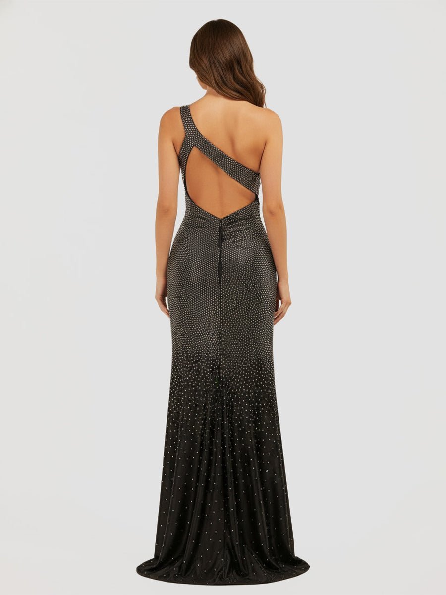 Black One Shoulder Sheath Beaded Prom Dresses With Split Evening Dresses, product image 3
