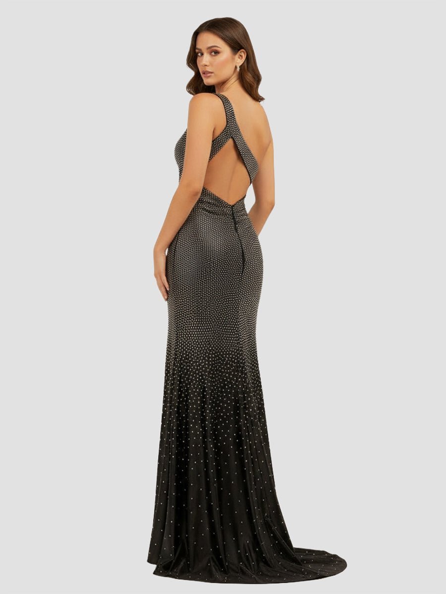 Black One Shoulder Sheath Beaded Prom Dresses With Split Evening Dresses, product image 4