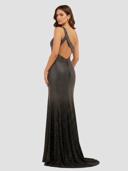 Black One Shoulder Sheath Beaded Prom Dresses With Split Evening Dresses, product image 4